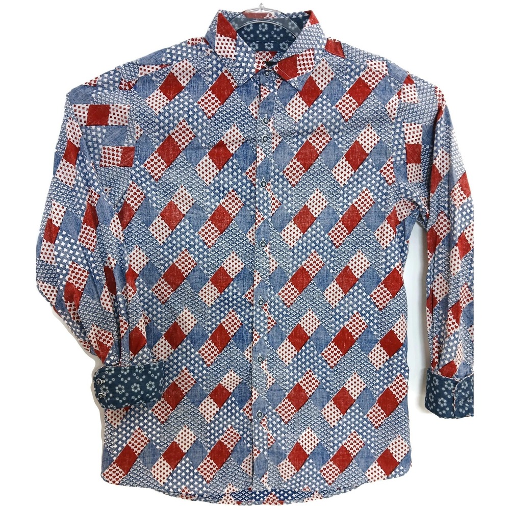 Rock‎ Roll-n-Soul Shirt Mens Large Red White Blue Button Down Playing Card Print